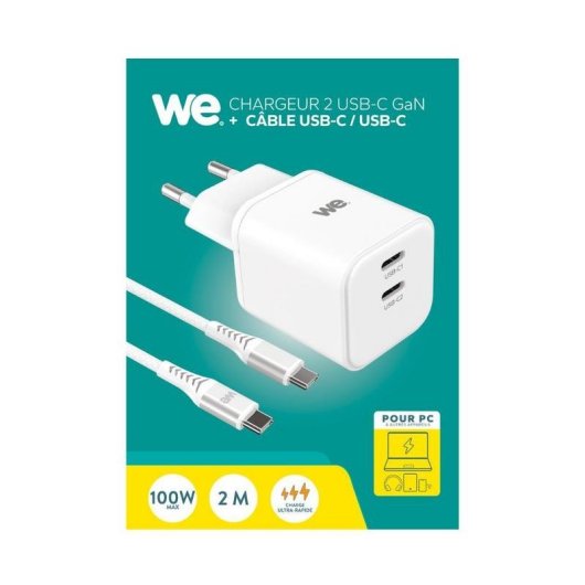 Chargeur GaN WE 100W Power Delivery 2 ports USB-C blanc
