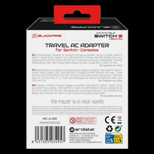 Adaptador Ardistel Blackfire Travel AC Adapter 30 W GaN PD 3.0 para Switch