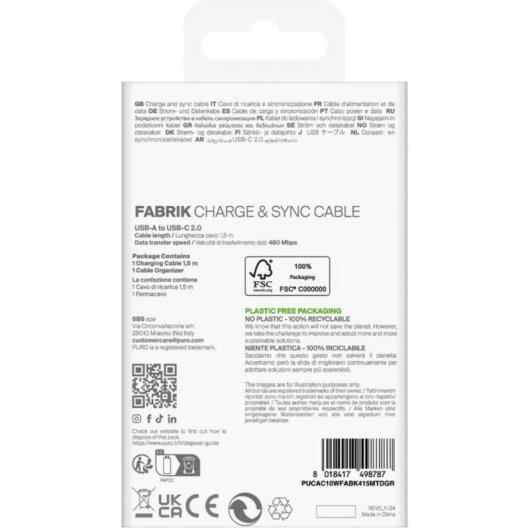 Cavo USB A a USB-C PURO 1,5 m USB 2.0 Grigio