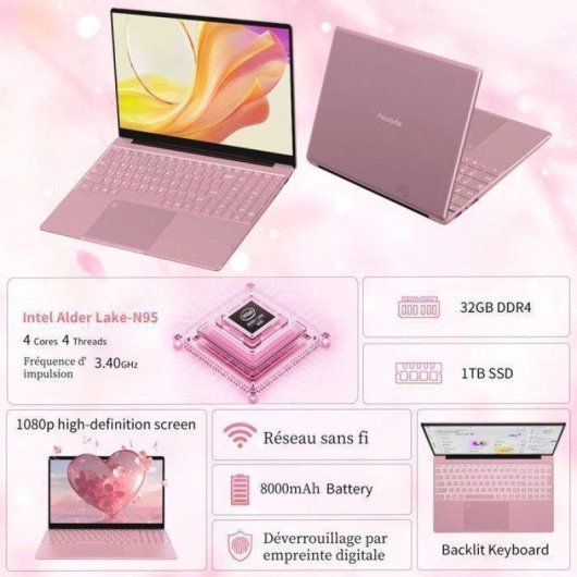 Ordinateur portable Auusda N95 15,6" Intel N95 32Go 1To SSD Intel UHD Windows 11 Pro Rose