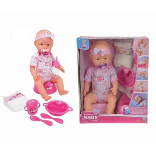Bambola SIMBA New Born Baby 43 cm vinile con bere e pipì 8 pezzi
