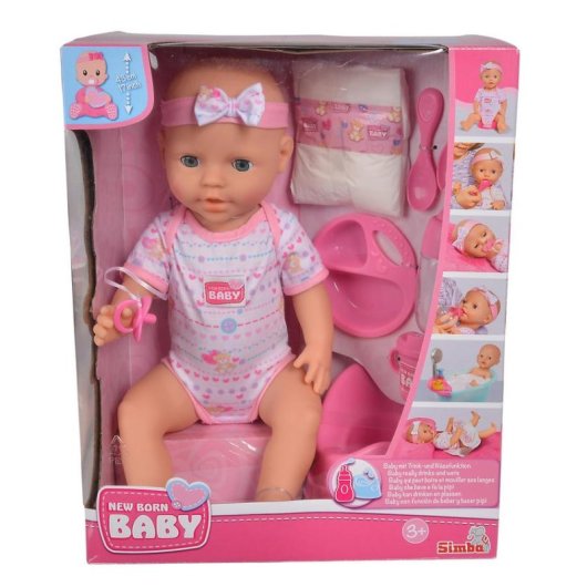 Bambola SIMBA New Born Baby 43 cm vinile con bere e pipì 8 pezzi