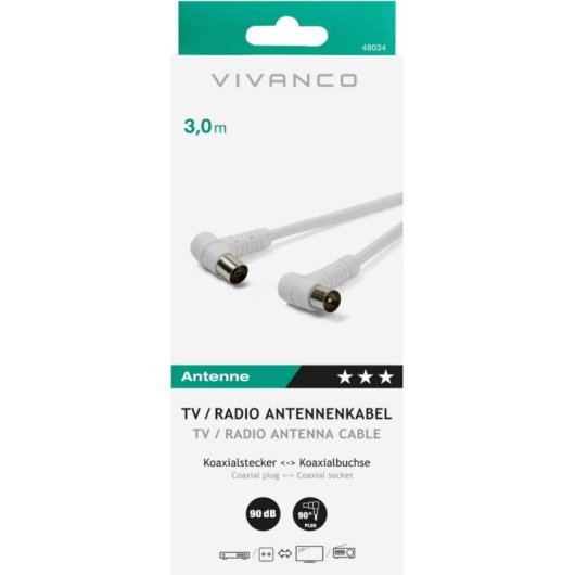 Cable coaxial Vivanco Blanco 3 m conectores en ángulo macho y hembra