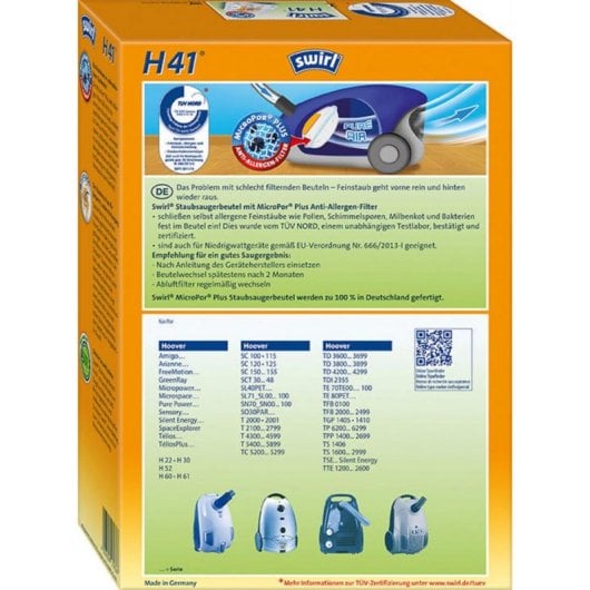 Sacchetto Aspirapolvere Swirl H 41 AirSpace MicroPor Plus per Hoover 4 Pezzi
