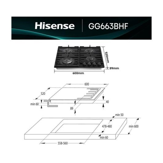 Table de cuisson gaz Hisense GG663BHF 60 cm verre noir