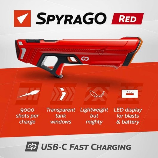 Pistola de água Spyra SpyraGO Vermelha Jato 8 m Ecrã LED 120 disparos