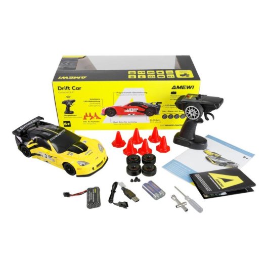 Auto RC AMEWI Corvette C6R 1:18 gialla 4WD 20 km/h