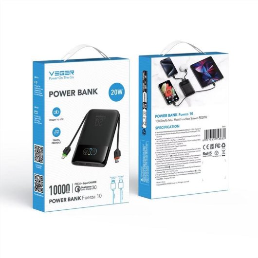 Power Bank Veger W1211A 10000 mAh 20 W Adaptable en avion Noir