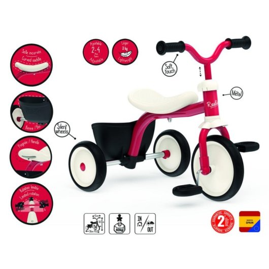 Triciclo Smoby Rookie Vermelho Estrutura Metal Rodas EVA 2 a 4 Anos