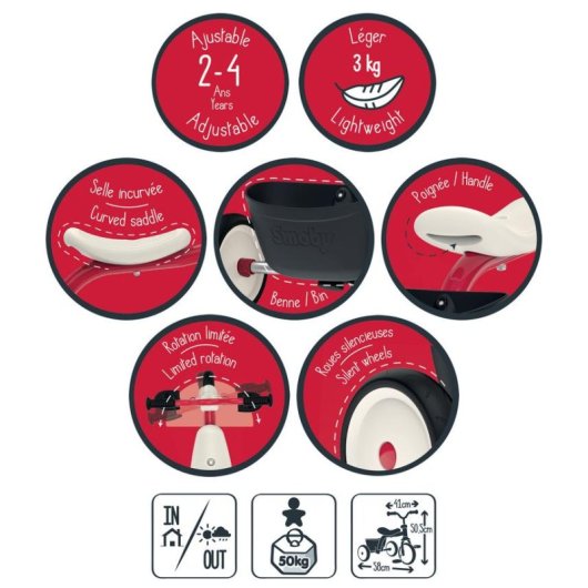 Triciclo Smoby Rookie Vermelho Estrutura Metal Rodas EVA 2 a 4 Anos