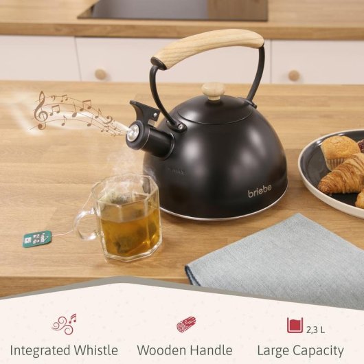 Tetera Briebe con Silbato 2,3 L Acero Inoxidable Negro Mango de Madera