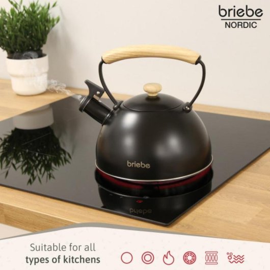 Tetera Briebe con Silbato 2,3 L Acero Inoxidable Negro Mango de Madera