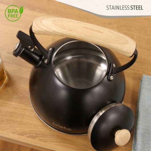 Tetera Briebe con Silbato 2,3 L Acero Inoxidable Negro Mango de Madera