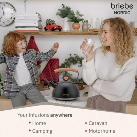 Tetera Briebe con Silbato 2,3 L Acero Inoxidable Negro Mango de Madera
