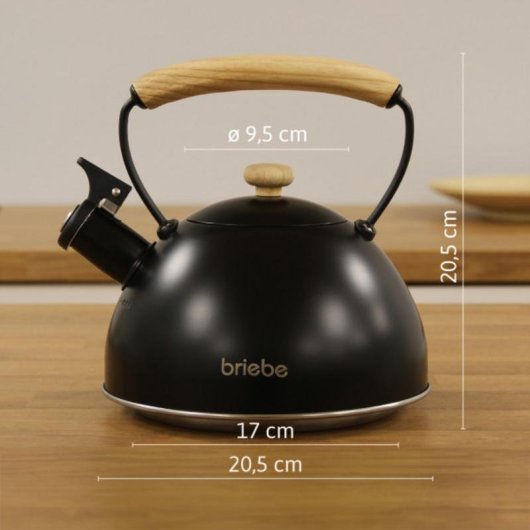 Tetera Briebe con Silbato 2,3 L Acero Inoxidable Negro Mango de Madera