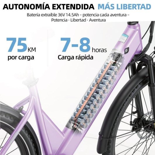 Bicicleta Eléctrica Bekup V28 250 W 36 V 14,5 Ah Frenos de Disco 26" Negro Lila