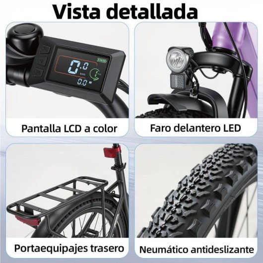 Bicicleta Eléctrica Bekup V28 250 W 36 V 14,5 Ah Frenos de Disco 26" Negro Lila