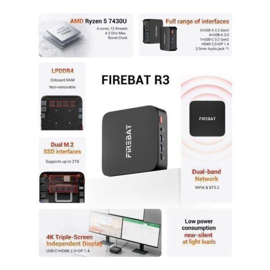 Mini PC FIREBAT R3 AMD Ryzen 5 7430U 16GB 512GB SSD Radeon Windows 11
