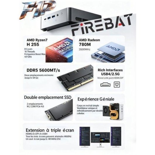 Mini PC FIREBAT AMD Ryzen 7 H255/16GB/512GB SSD/Radeon 780M Windows 11 Pro