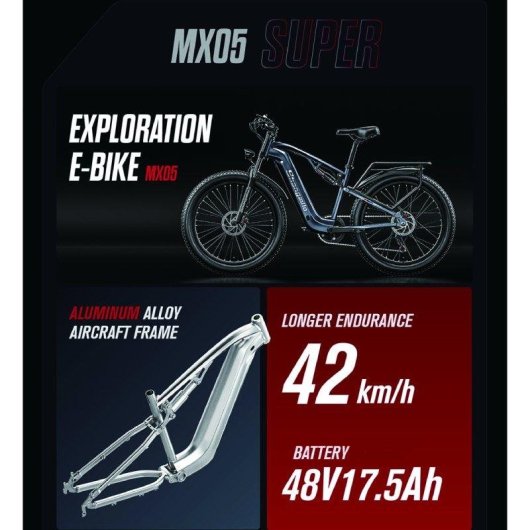 Vélo électrique Shengmilo MX05 500W 48V 17,5Ah pneus larges 26" suspension double