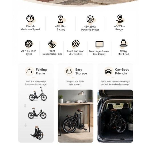 Bicicleta Eléctrica Plegable OneSport OT16 Pro 250W 48V 17Ah 20" Autonomía 120 km