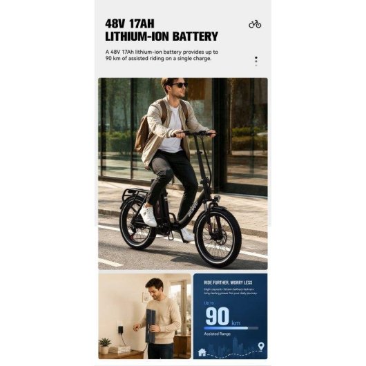 Bicicleta Eléctrica Plegable OneSport OT16 Pro 250W 48V 17Ah 20" Autonomía 120 km