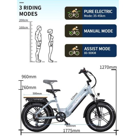 Bicicleta Elétrica OneSport OT08 500W Bateria 48V 18Ah Pneus Fat 20"