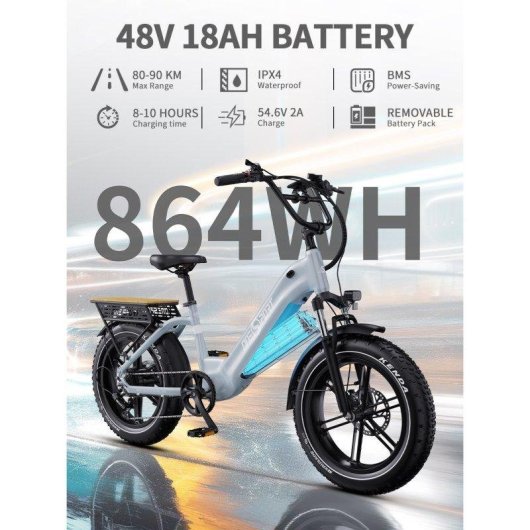 Bicicleta Elétrica OneSport OT08 500W Bateria 48V 18Ah Pneus Fat 20"