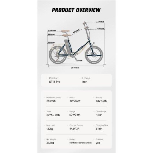 Vélo électrique OneSport OT16 Pro 20 pouces 48V 250W pliable blanc
