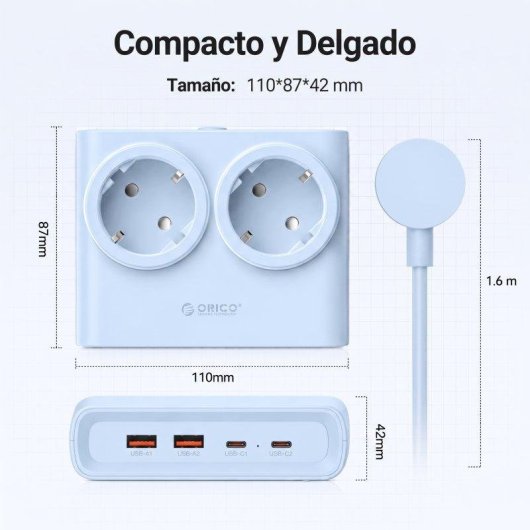 Regleta Orico PDC 2 tomas 2 USB-A 2 USB-C GaN 25 W