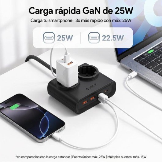 Régua de tomadas Orico PDC 6 em 1 2 USB-C PD 25W 2 USB-A cabo 1,6 m