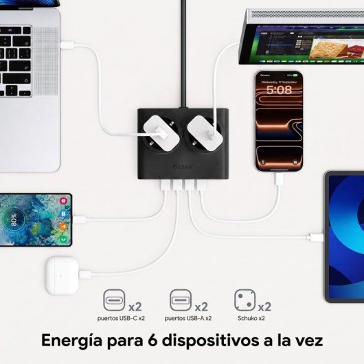 Régua de tomadas Orico PDC 6 em 1 2 USB-C PD 25W 2 USB-A cabo 1,6 m
