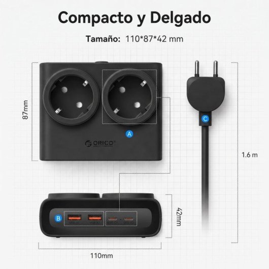 Régua de tomadas Orico PDC 6 em 1 2 USB-C PD 25W 2 USB-A cabo 1,6 m