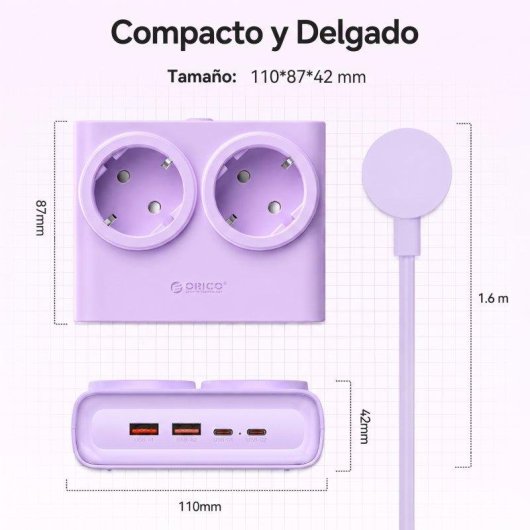 Regleta Orico PDC 2 tomas 2 USB-C 2 USB-A GaN 25 W 1,6 m