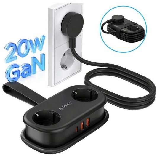 Régua de tomadas Orico AP3 5 em 1 2 USB-A 1 USB-C 20W compacta