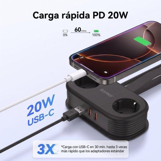 Régua de tomadas Orico AP3 5 em 1 2 USB-A 1 USB-C 20W compacta