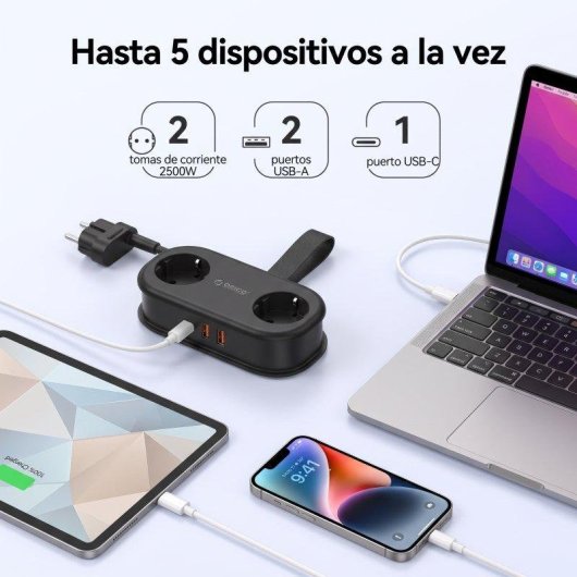 Régua de tomadas Orico AP3 5 em 1 2 USB-A 1 USB-C 20W compacta