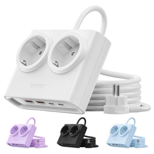 Régua ORICO PDC 2 tomadas 2 USB-A 2 USB-C GaN 25 W branca