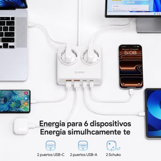 Régua ORICO PDC 2 tomadas 2 USB-A 2 USB-C GaN 25 W branca