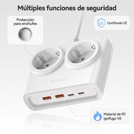 Régua ORICO PDC 2 tomadas 2 USB-A 2 USB-C GaN 25 W branca