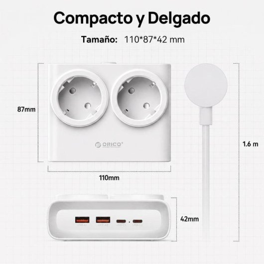 Régua ORICO PDC 2 tomadas 2 USB-A 2 USB-C GaN 25 W branca