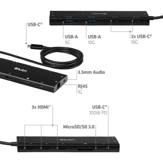 Base USB-C Club 3D CSV-2556 12-em-1 Triple HDMI DP2.1 100W
