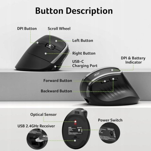 Ratón Acer AMR020 sans fil 2,4 GHz 1600 DPI vertical 6 boutons