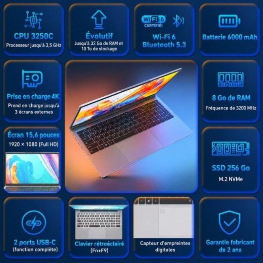 Ordinateur portable Auusda 15.6" AMD Ryzen 3 3250C 8Go 256Go SSD Windows 11 Pro