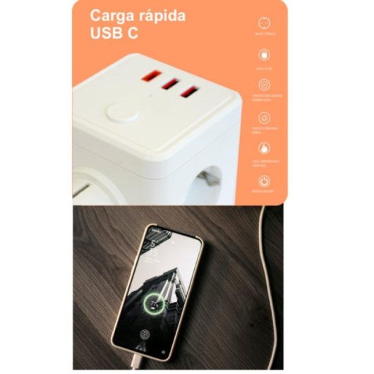 Prise multiple Silver HT 3 sorties Schuko 2 USB A 1 USB C avec interrupteur