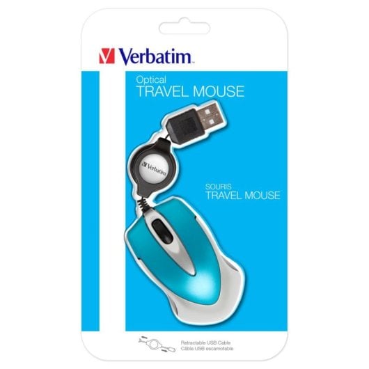 Souris Verbatim Go Mini USB 1000 DPI Bleu Argent avec Câble Rétractable