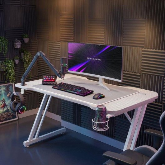 Mesa gaming Mars Gaming MGD-A120 120 cm fibra de carbono blanca y alfombrilla XXL