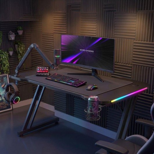 Mesa Gaming Mars Gaming 120 cm fibra de carbono RGB y alfombrilla XXL