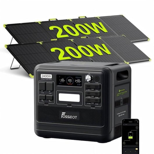 Estación de energía Fossibot F2400 2048 Wh, 3 AC, 6 USB, 4 DC, LiFePO4 + 2 paneles solares