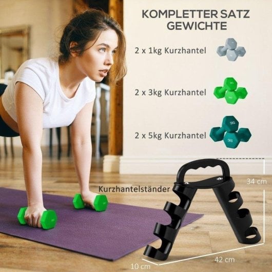 Kurzhantelset Welltin 1 kg 3 kg 5 kg mit Hexagonalständer Kettlebell-Funktion